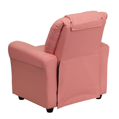 Contemporary Pink Vinyl Kids Recliner with Cup Holder and Headrest