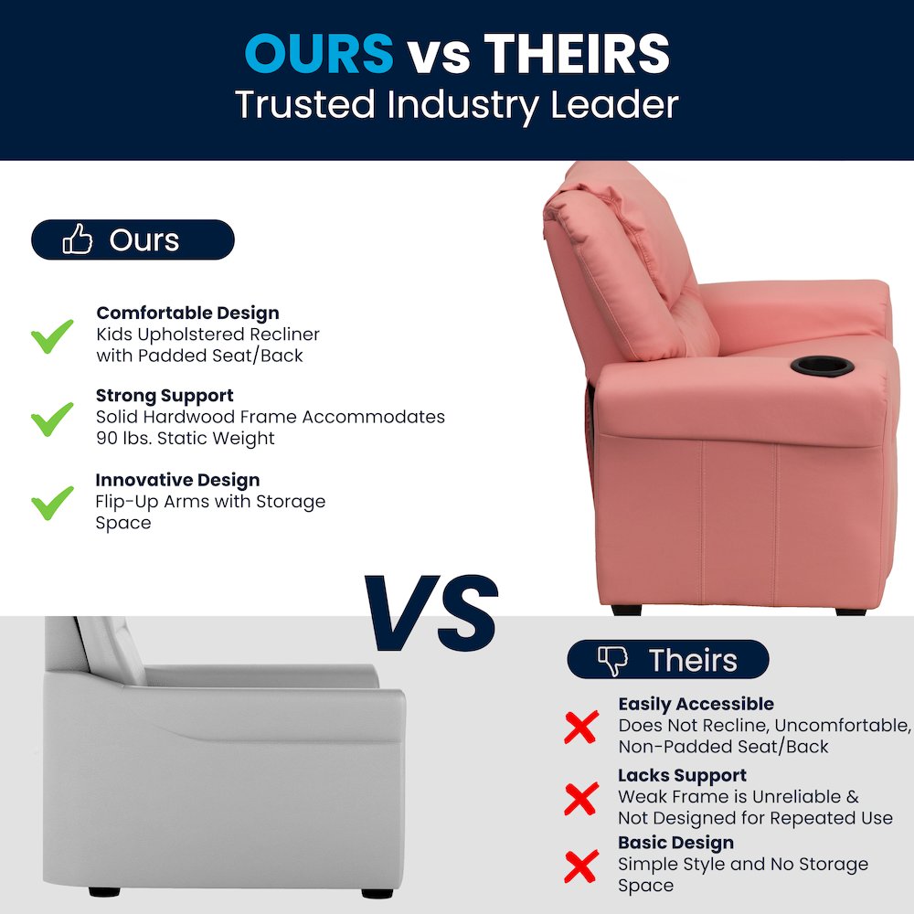 Contemporary Pink Vinyl Kids Recliner with Cup Holder and Headrest