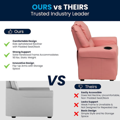 Contemporary Pink Vinyl Kids Recliner with Cup Holder and Headrest