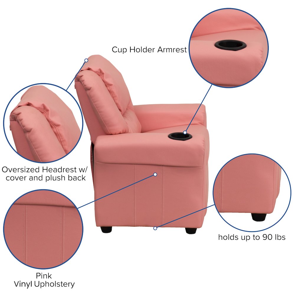 Contemporary Pink Vinyl Kids Recliner with Cup Holder and Headrest