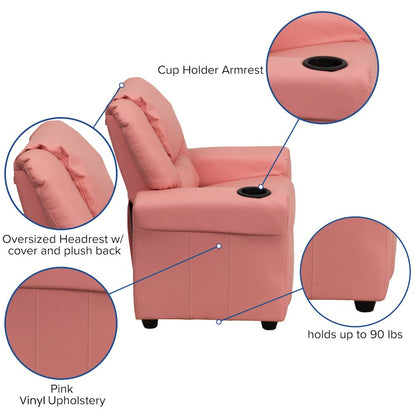 Contemporary Pink Vinyl Kids Recliner with Cup Holder and Headrest