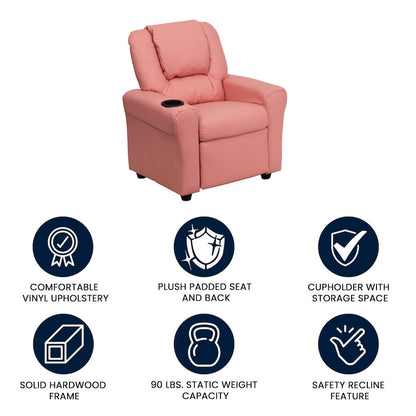 Contemporary Pink Vinyl Kids Recliner with Cup Holder and Headrest