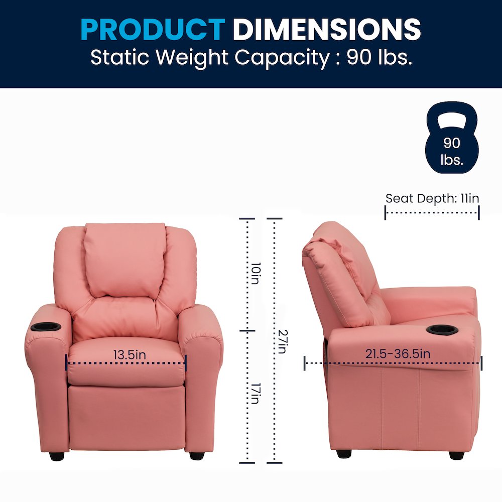 Contemporary Pink Vinyl Kids Recliner with Cup Holder and Headrest