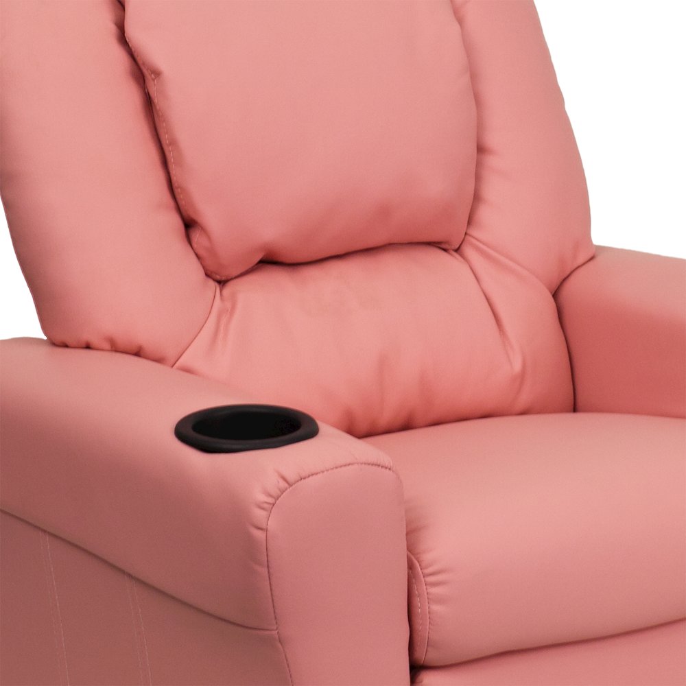 Contemporary Pink Vinyl Kids Recliner with Cup Holder and Headrest