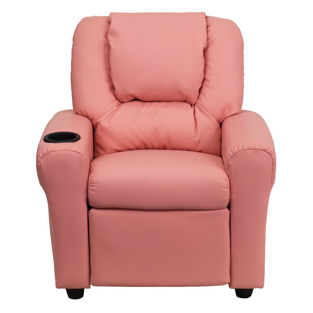 Contemporary Pink Vinyl Kids Recliner with Cup Holder and Headrest