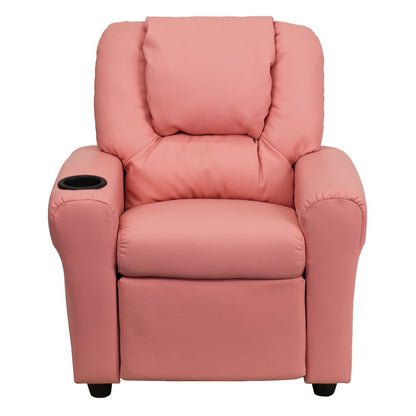 Contemporary Pink Vinyl Kids Recliner with Cup Holder and Headrest