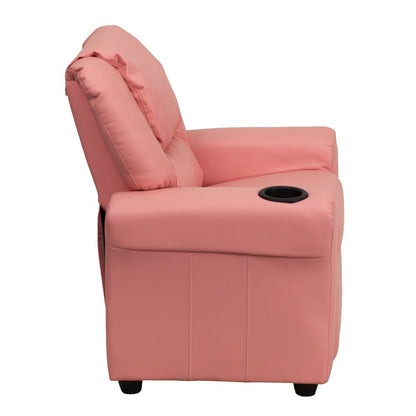 Contemporary Pink Vinyl Kids Recliner with Cup Holder and Headrest