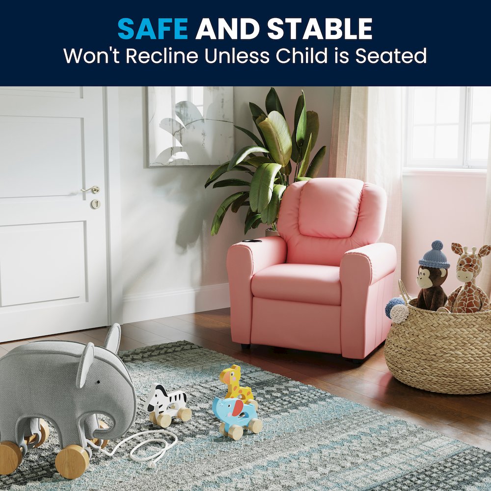 Contemporary Pink Vinyl Kids Recliner with Cup Holder and Headrest