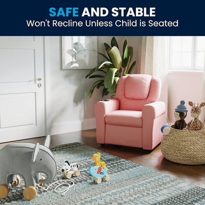 Contemporary Pink Vinyl Kids Recliner with Cup Holder and Headrest