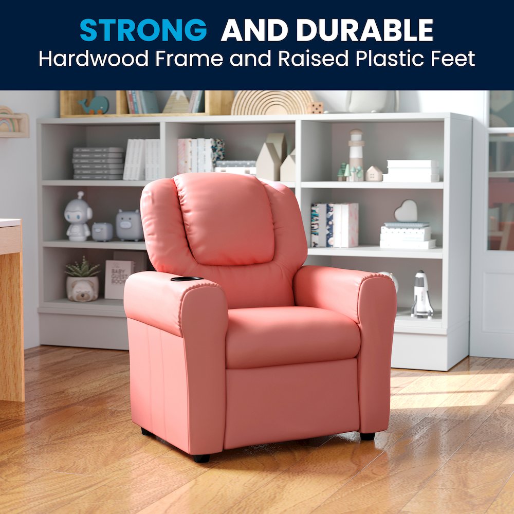 Contemporary Pink Vinyl Kids Recliner with Cup Holder and Headrest