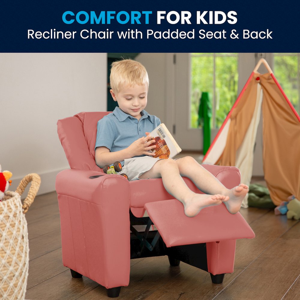 Contemporary Pink Vinyl Kids Recliner with Cup Holder and Headrest