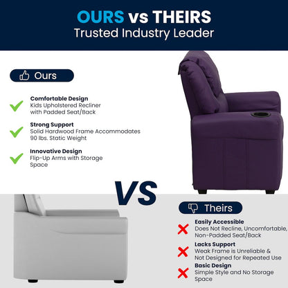 Contemporary Purple Vinyl Kids Recliner with Cup Holder and Headrest
