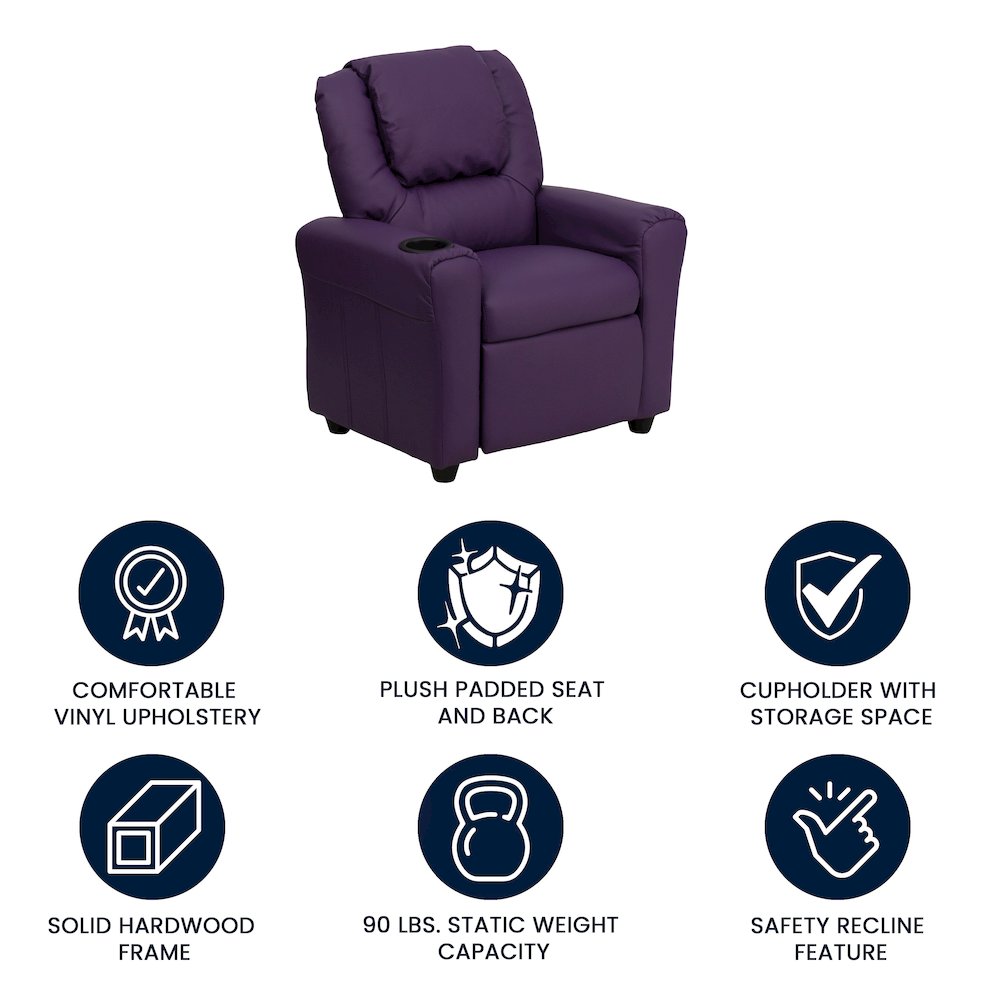 Contemporary Purple Vinyl Kids Recliner with Cup Holder and Headrest
