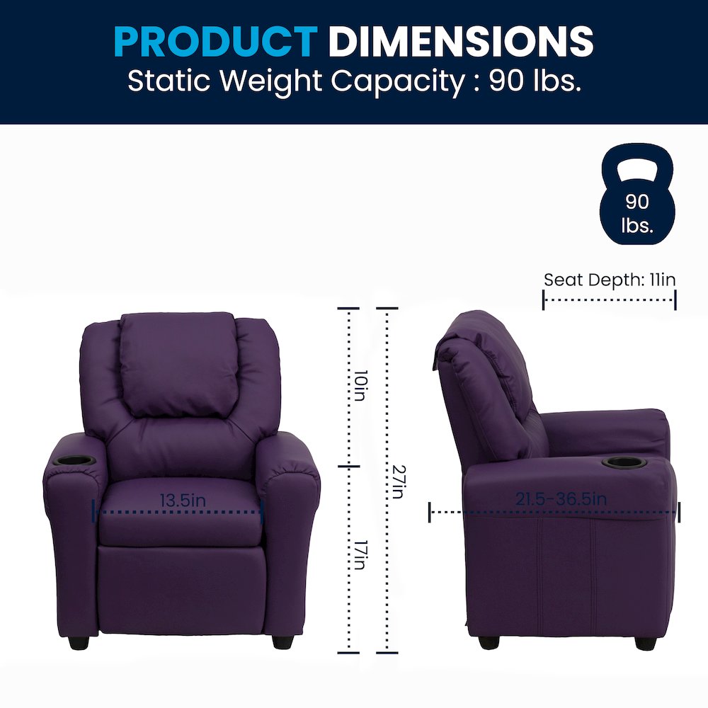 Contemporary Purple Vinyl Kids Recliner with Cup Holder and Headrest