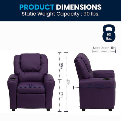 Contemporary Purple Vinyl Kids Recliner with Cup Holder and Headrest