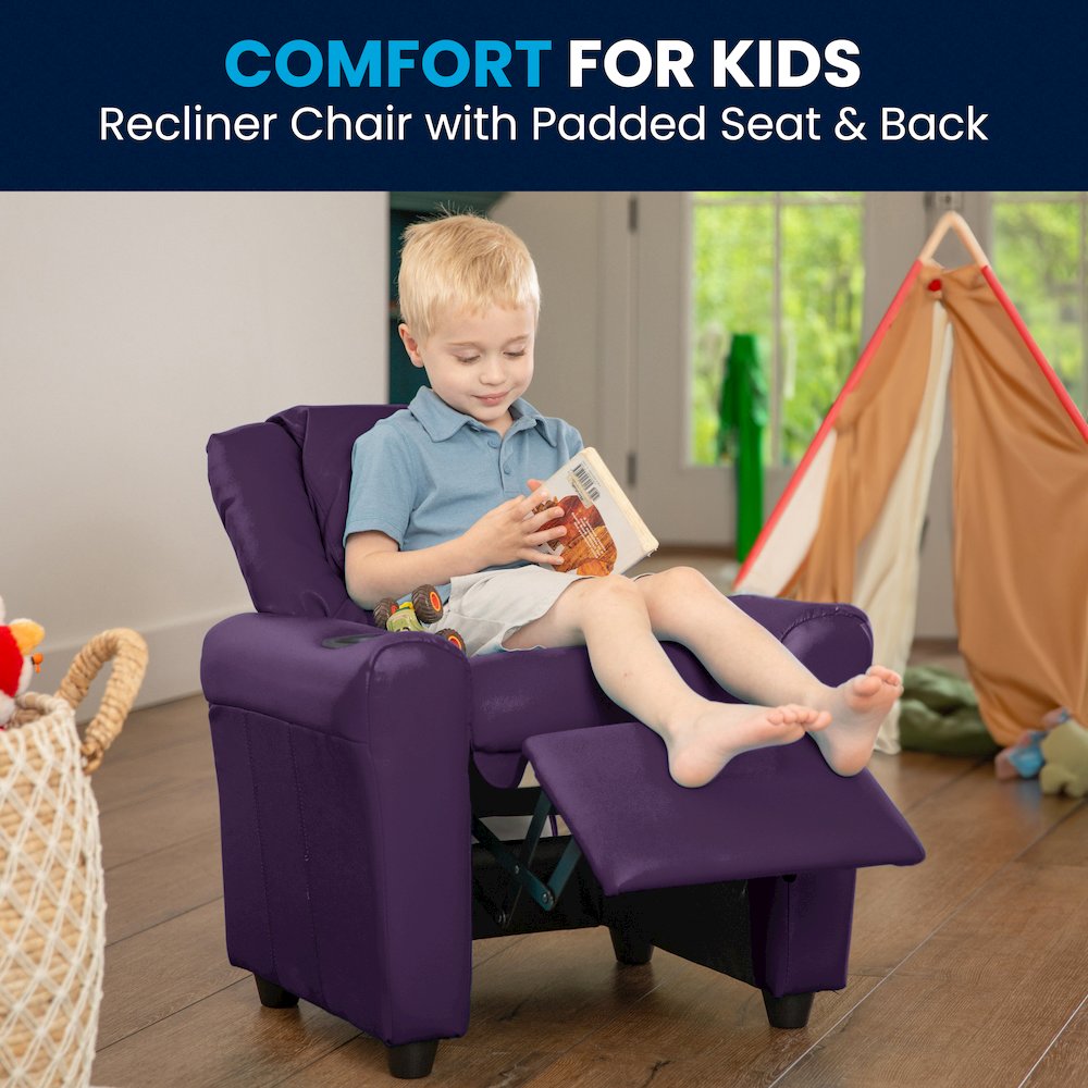 Contemporary Purple Vinyl Kids Recliner with Cup Holder and Headrest