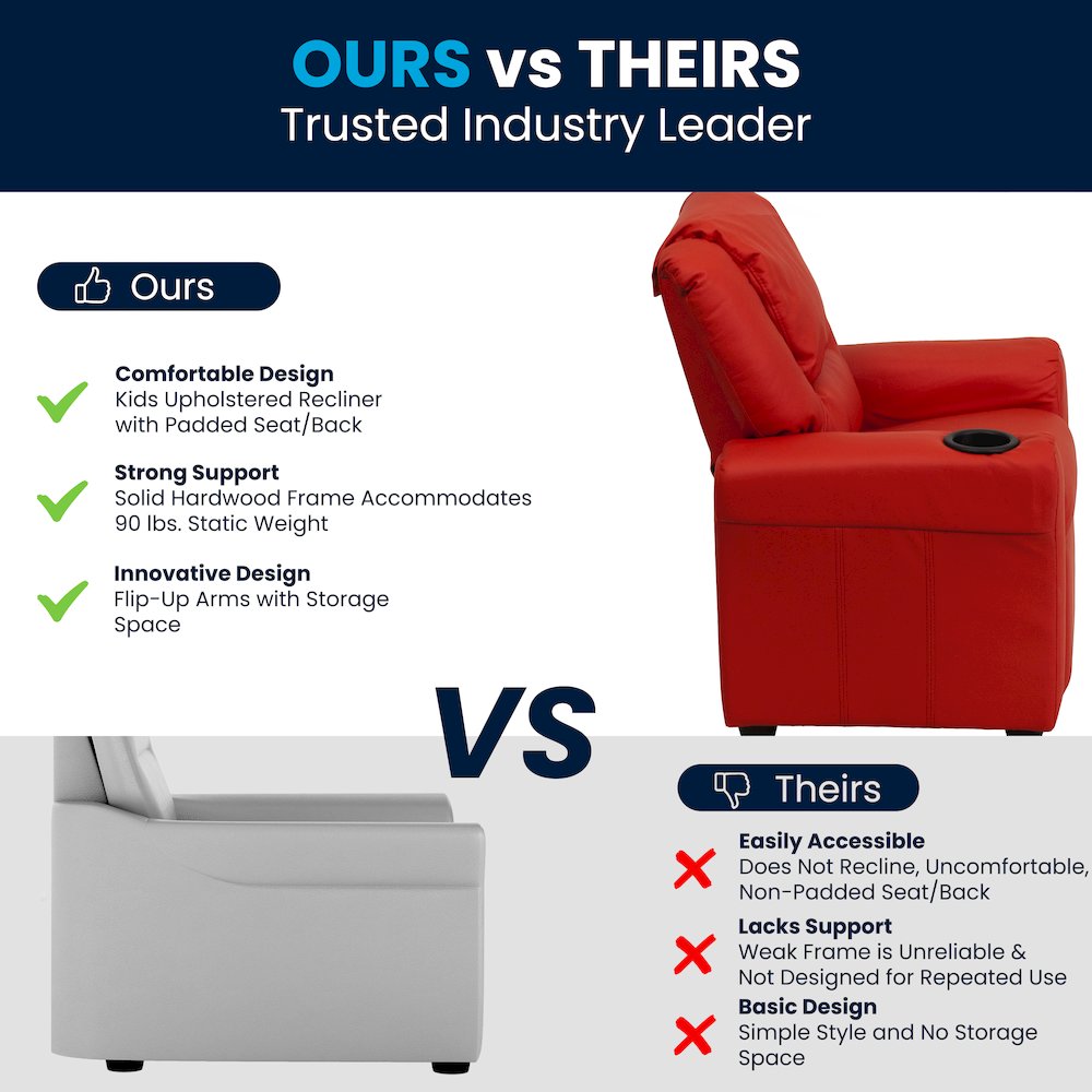 Contemporary Red Vinyl Kids Recliner with Cup Holder and Headrest