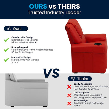 Contemporary Red Vinyl Kids Recliner with Cup Holder and Headrest