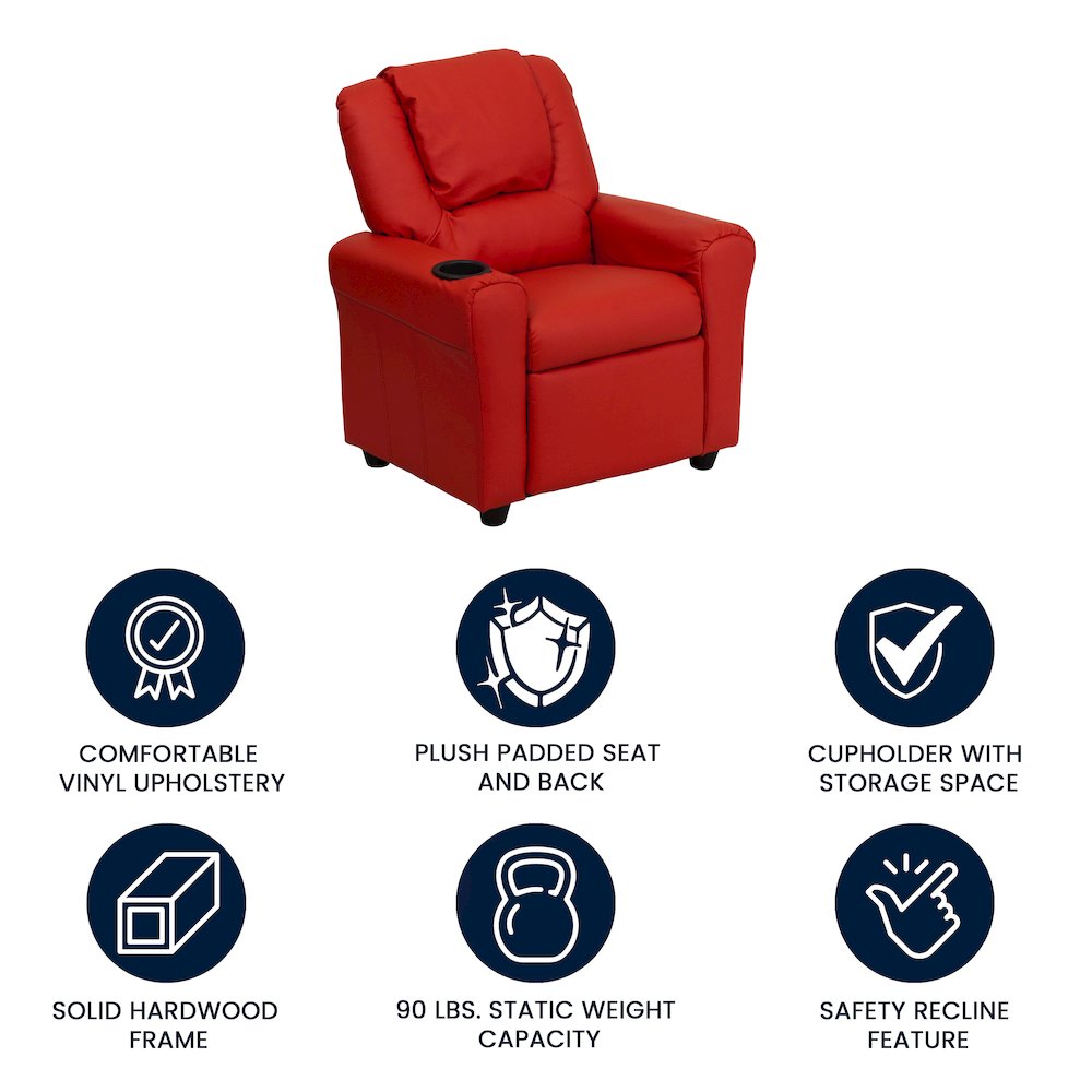 Contemporary Red Vinyl Kids Recliner with Cup Holder and Headrest