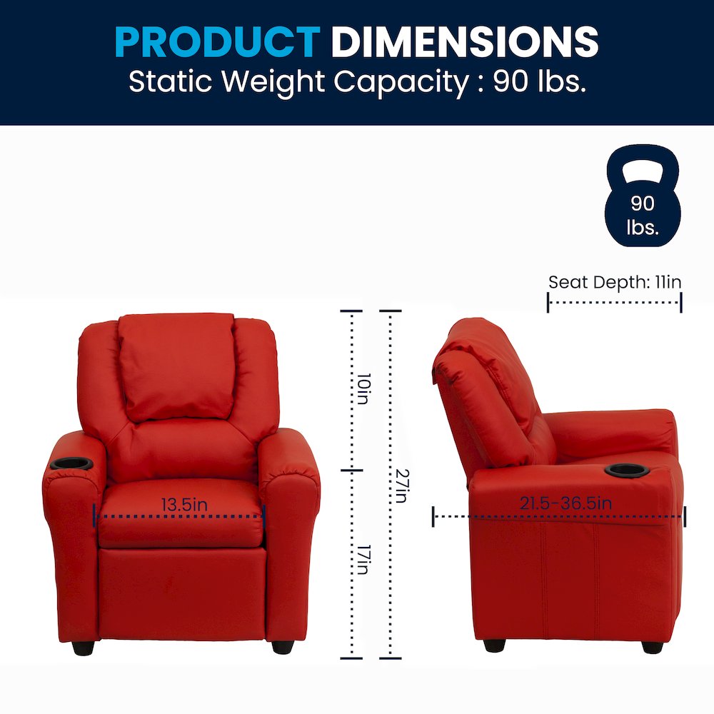Contemporary Red Vinyl Kids Recliner with Cup Holder and Headrest