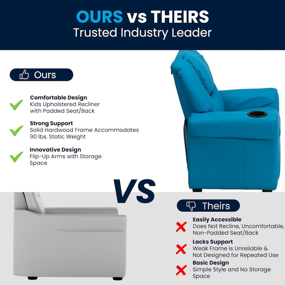 Contemporary Turquoise Vinyl Kids Recliner with Cup Holder and Headrest