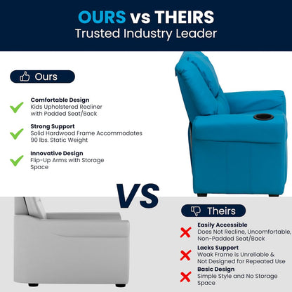 Contemporary Turquoise Vinyl Kids Recliner with Cup Holder and Headrest