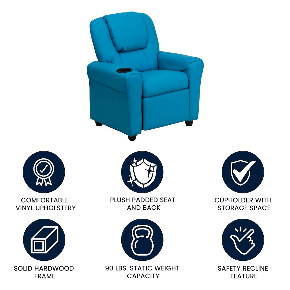 Contemporary Turquoise Vinyl Kids Recliner with Cup Holder and Headrest