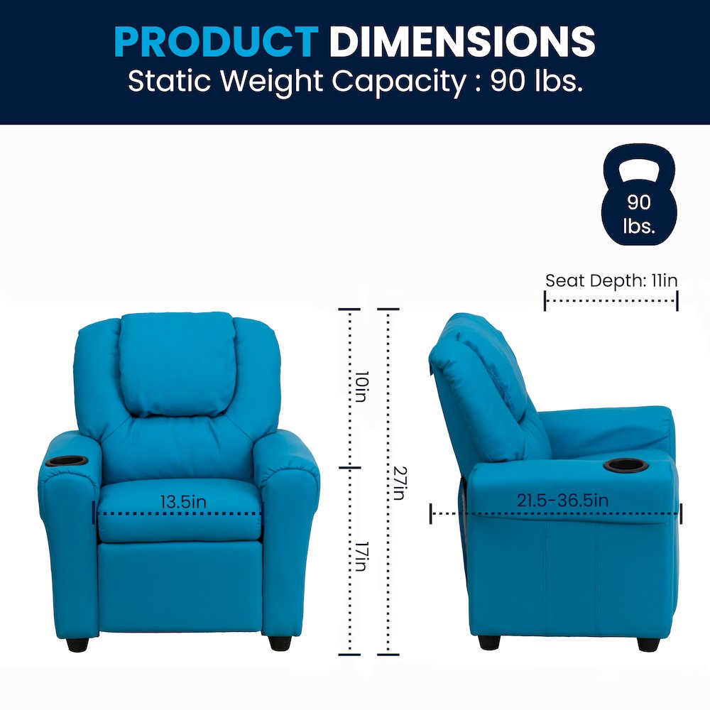 Contemporary Turquoise Vinyl Kids Recliner with Cup Holder and Headrest