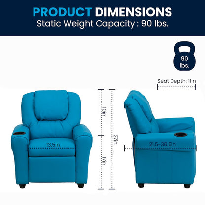 Contemporary Turquoise Vinyl Kids Recliner with Cup Holder and Headrest