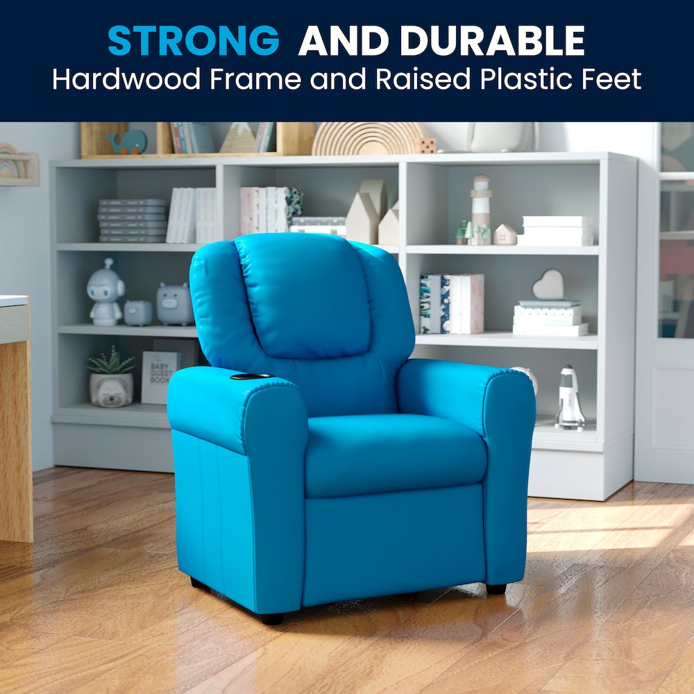 Contemporary Turquoise Vinyl Kids Recliner with Cup Holder and Headrest