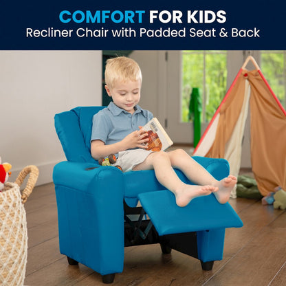 Contemporary Turquoise Vinyl Kids Recliner with Cup Holder and Headrest