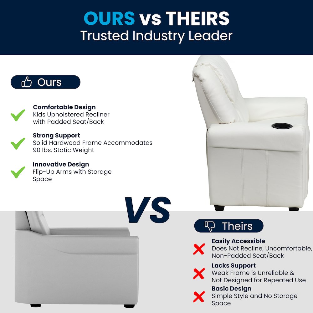 Contemporary White Vinyl Kids Recliner with Cup Holder and Headrest