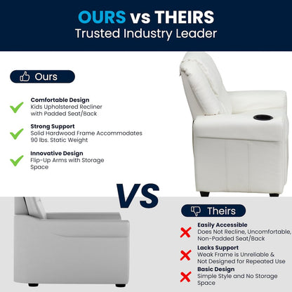 Contemporary White Vinyl Kids Recliner with Cup Holder and Headrest