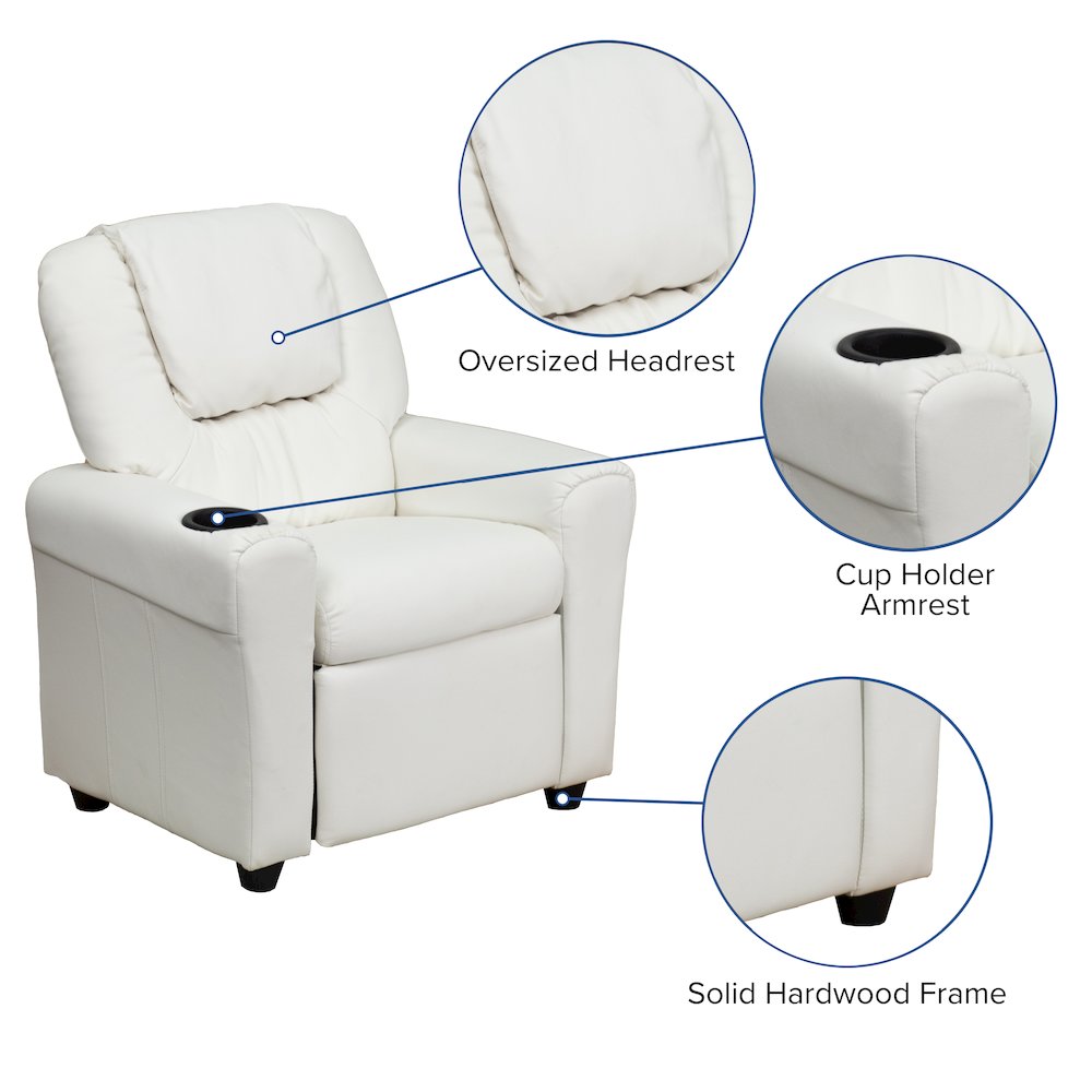 Contemporary White Vinyl Kids Recliner with Cup Holder and Headrest