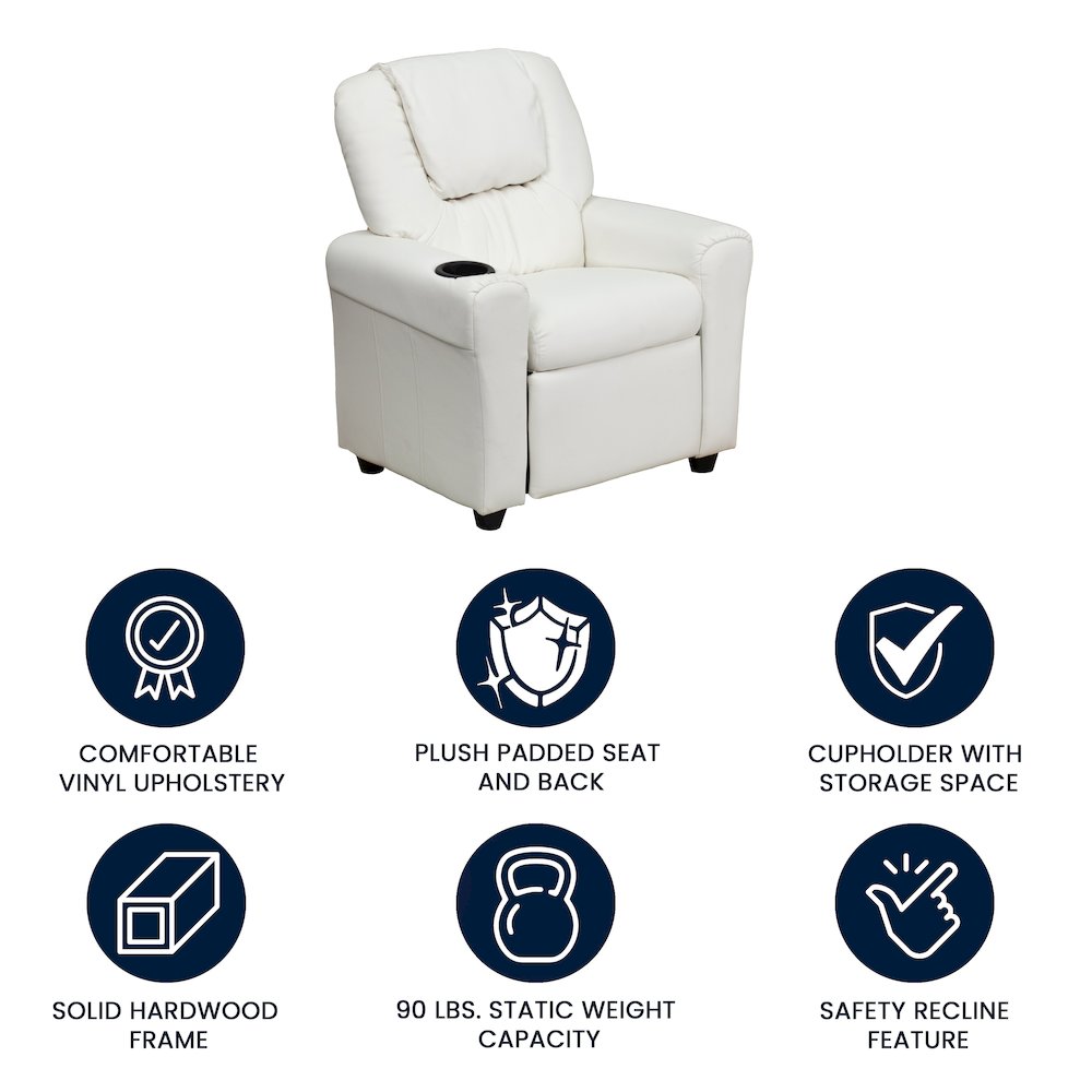 Contemporary White Vinyl Kids Recliner with Cup Holder and Headrest