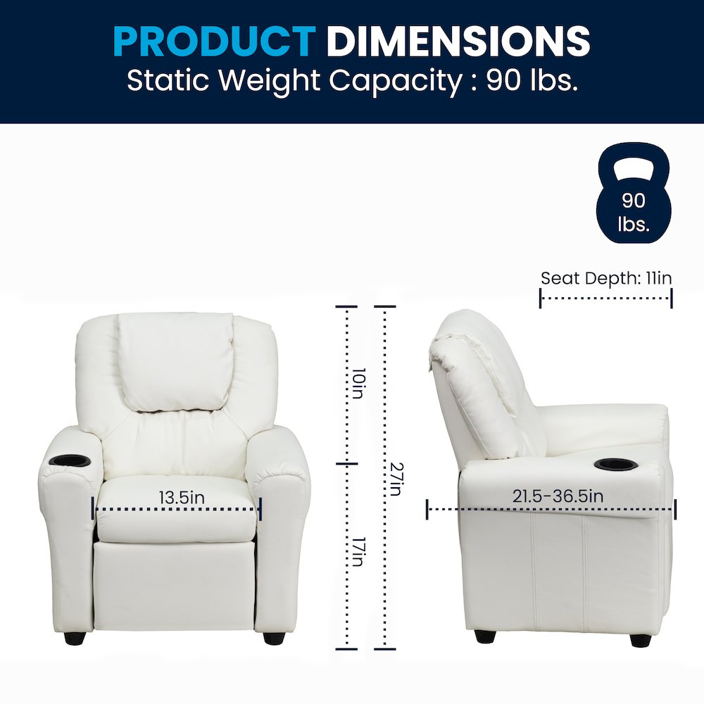 Contemporary White Vinyl Kids Recliner with Cup Holder and Headrest
