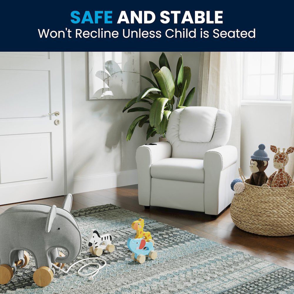 Contemporary White Vinyl Kids Recliner with Cup Holder and Headrest