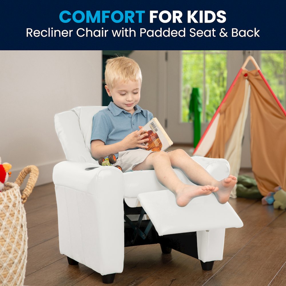 Contemporary White Vinyl Kids Recliner with Cup Holder and Headrest