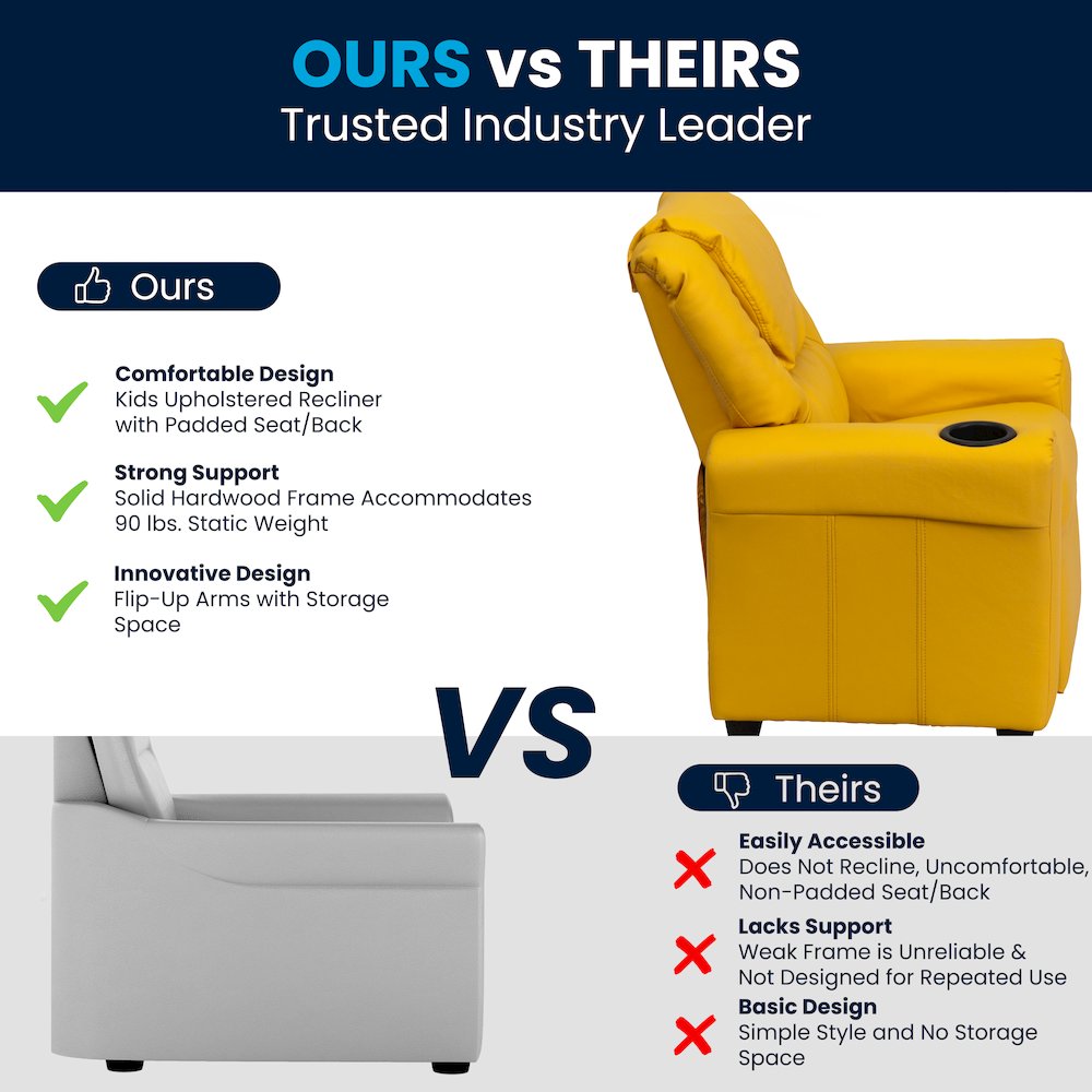 Contemporary Yellow Vinyl Kids Recliner with Cup Holder and Headrest