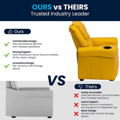 Contemporary Yellow Vinyl Kids Recliner with Cup Holder and Headrest