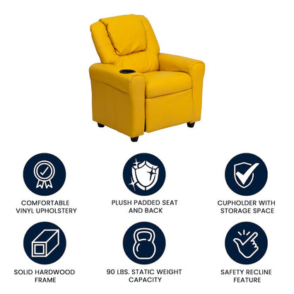 Contemporary Yellow Vinyl Kids Recliner with Cup Holder and Headrest