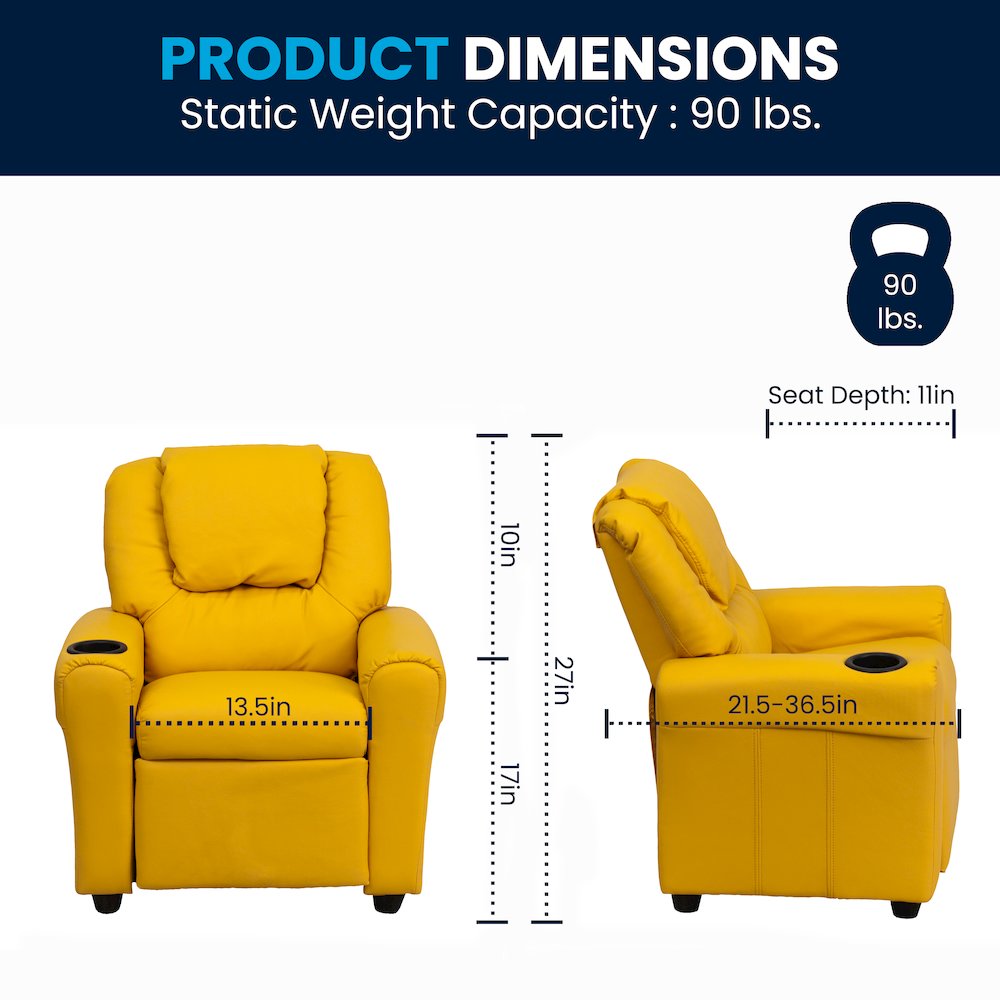 Contemporary Yellow Vinyl Kids Recliner with Cup Holder and Headrest