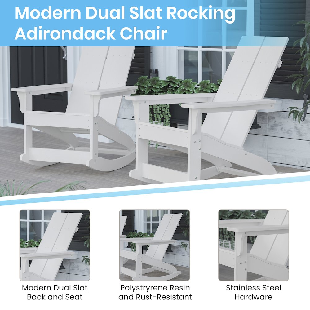 All-Weather 2-Slat Poly Resin Rocking Adirondack Chair in White - Set of2