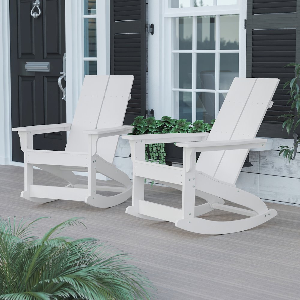 All-Weather 2-Slat Poly Resin Rocking Adirondack Chair in White - Set of2