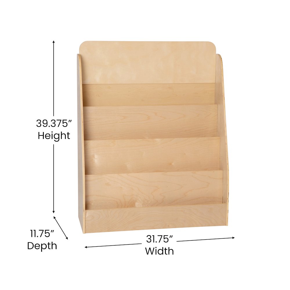 4 Shelf Single-Sided Kids Natural Wooden Book, Magazine Display Stand