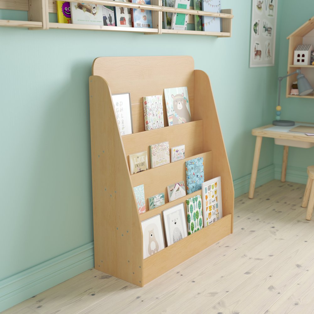 4 Shelf Single-Sided Kids Natural Wooden Book, Magazine Display Stand