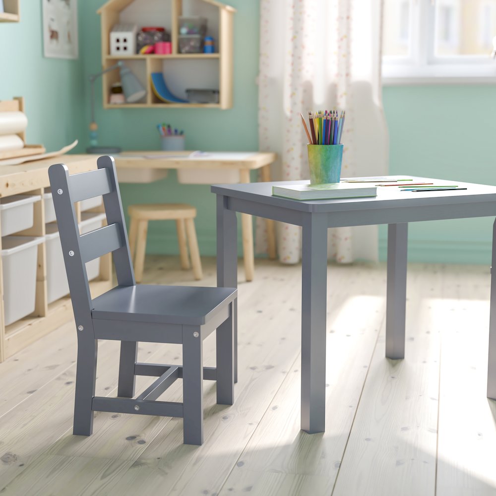 Solid Hardwood Table and Chair Set - 3 Piece Set - Gray