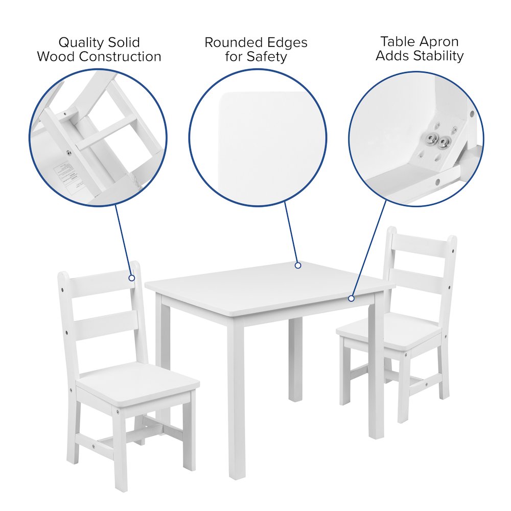 Solid Hardwood Table and Chair Set - 3 Piece Set - White