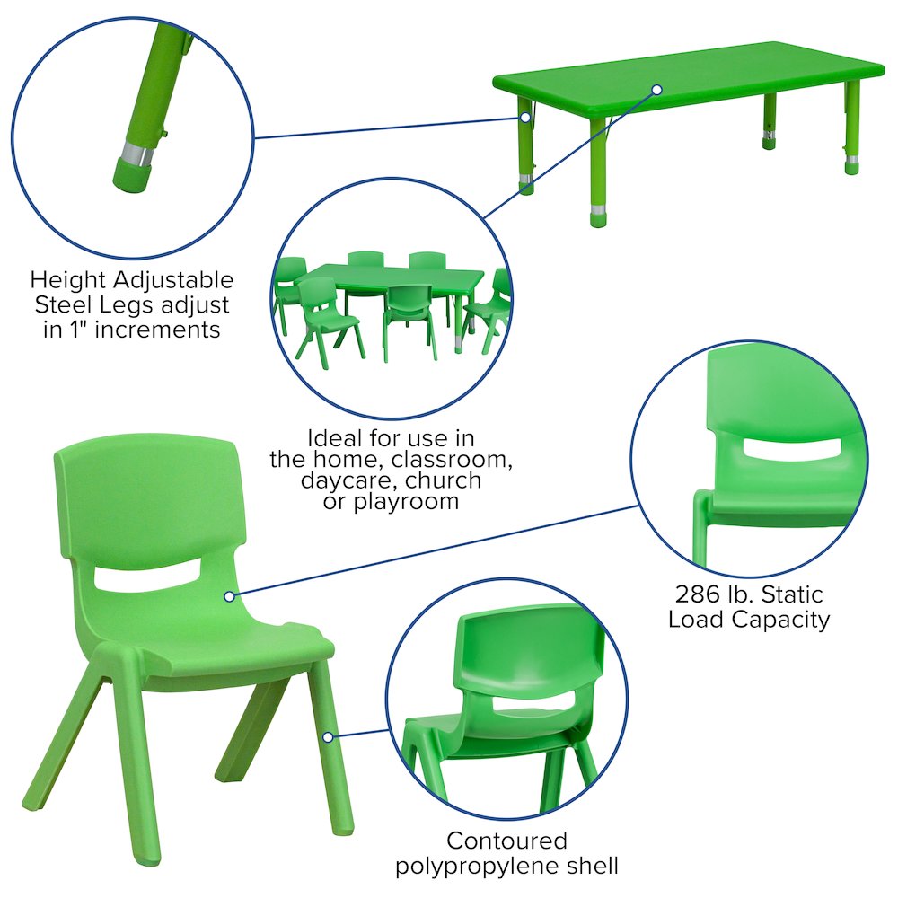 24''W x 48''L Green Plastic Height Adjustable Activity Table Set with 6 Chairs