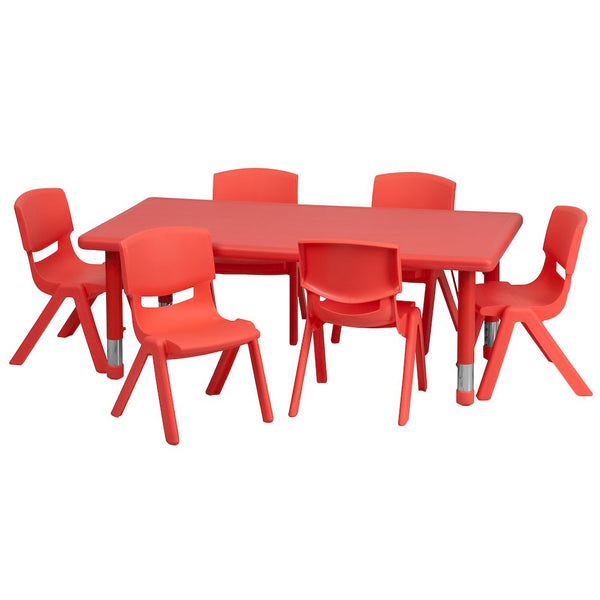 24''W x 48''L Red Plastic Height Adjustable Activity Table Set with 6 Chairs